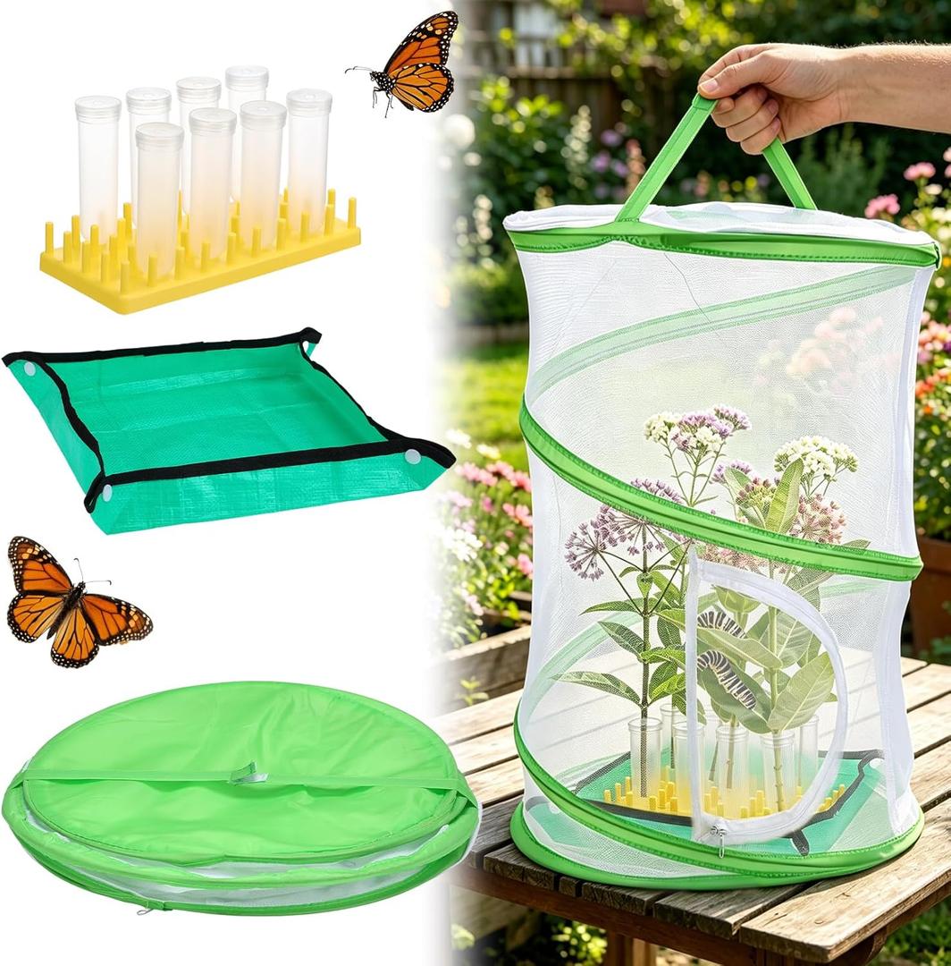 Complete Butterfly Habitat Kit - 14" W x 20" H Large Collapsible Mesh Growing Cage & Hydroponic Feeding Tubes/Rack Holder & Messproof Mat & Guide, Easy to Set Up, Monarch Caterpillars Enclosure House