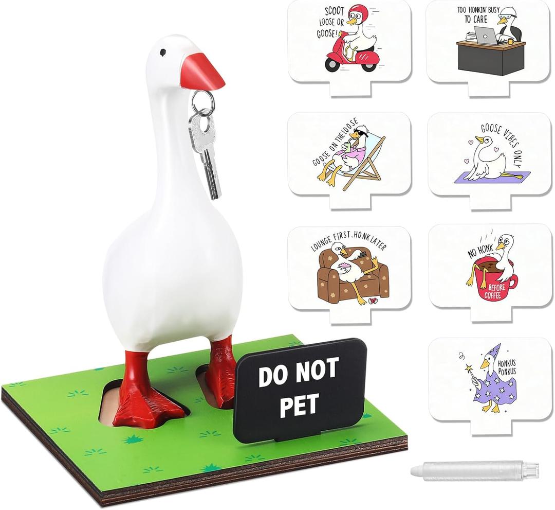 Magnetic Goose Key Holder Cute Statue Resin Goose Statue with Wooden Base Writable Sign Chalk for New Apartment Housewarming Gift Office Table Desk Home Decor (Cute Quotes,11 Pcs)