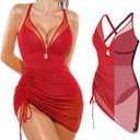 Popilush Swim Dress for Women One Piece Swimsuits Tummy Control Slimming Mesh Sheer Sarong Wraps Bathing Suits, M