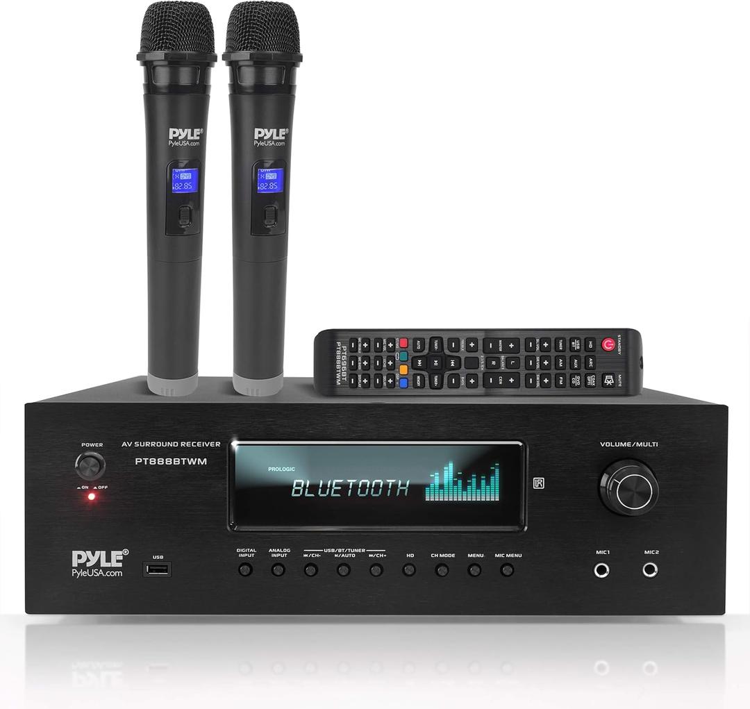 Pyle 1000W Bluetooth Home Theater Karaoke Receiver - 5.2-Ch Stereo Amplifier 2 UHF Wireless Microphone Video Pass-Through Supports, MP3/USB/HDMI/AM/FM Radio - PT888BTWM.5