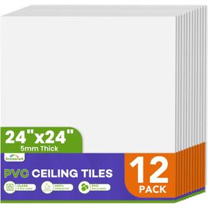 12 PCS 2 ft x 2 ft PVC Drop Ceiling Tiles, Waterproof Smooth Ceiling Panels, 12P- 24in*24in