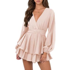 Nova In Sky Womens Sexy V Neck Long Sleeve Tie Waist Ruffle Hem Flowy Swing Mini Short Wrap Dress (Pink) XS