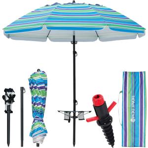 HOMEDEMO 7FT Beach Umbrella with Table & Anchor, Heavy Duty Windproof with UPF 50+ Sun Protection, Outdoor Umbrellas with Adjustable Aluminum Pole