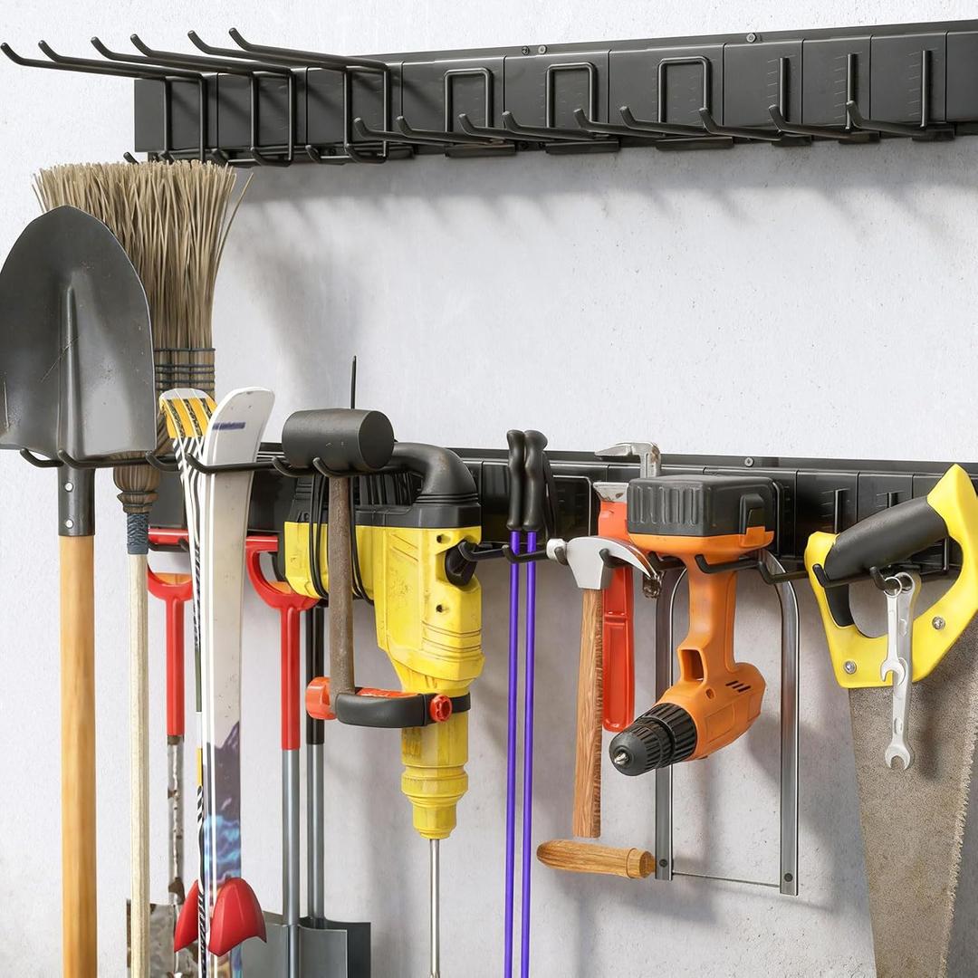 33" Garage Tool Organizer Wall Mount, 300lbs Tool Storage Organizer with Adjustable Sliding Hooks, Heavy Duty & Anti-Rust Garden Tools Storage Rack for Hanging Rake Broom/Mower/Snowboard
