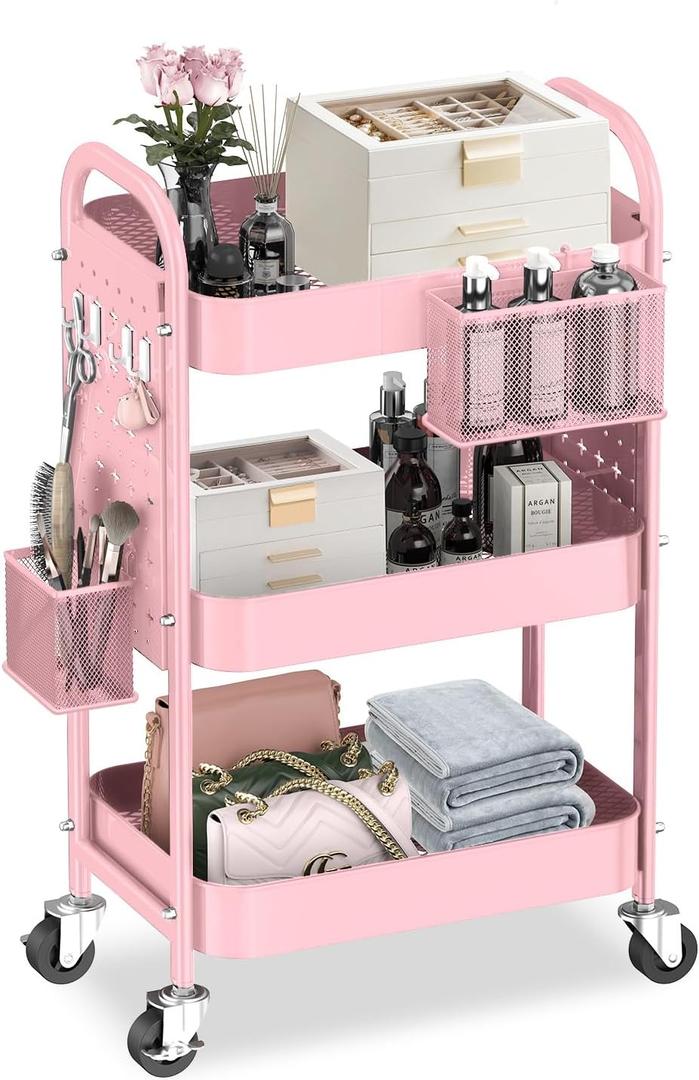 ALVOROG 3 Tier Rolling Cart with DIY Pegboards Metal Utility Cart with Wheels Handles Baskets Hooks, Craft Cart for Office Kitchen Bathroom(Cherry Blossom Pink)