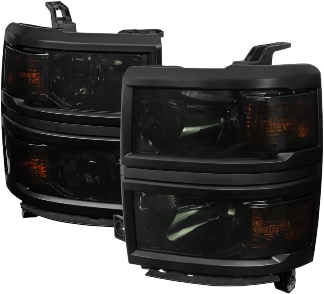 SPEC-D TUNING Smoke Headlights with Black Trim Compatible with 2014-2015 Chevy Silverado 1500 Left + Right Pair Head Lights Lamp Assembly
