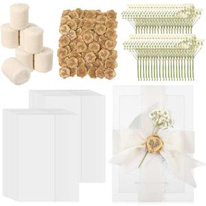 Fuyoooo 30 Set Wedding Invitations Wraps Set Pre Folded Vellum Jackets for 5 x 7 Invitations Self Adhesive Gold Wax Seal Stickers Dried Baby's Breath Flowers Chiffon Silk Ribbon for Craft DIY