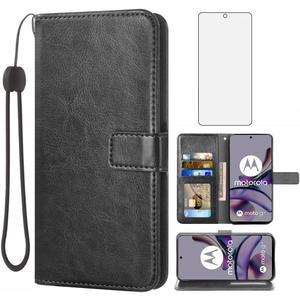 Compatible with Motorola Moto G53 5G/G13/G23 Wallet Case Tempered Glass Screen Protector and Leather Flip Cover Card Holder Stand Cell Accessories Phone Cases for G 13 23 4G 53G 53 Women Men Black