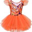 Tutu.kk Toddler Ballet Leotard Ruffle Sleeve Sequin Tulle Tutu Dress Ballerina Outfits for Girls Birthday Holiday (6-7 Years, Orange)