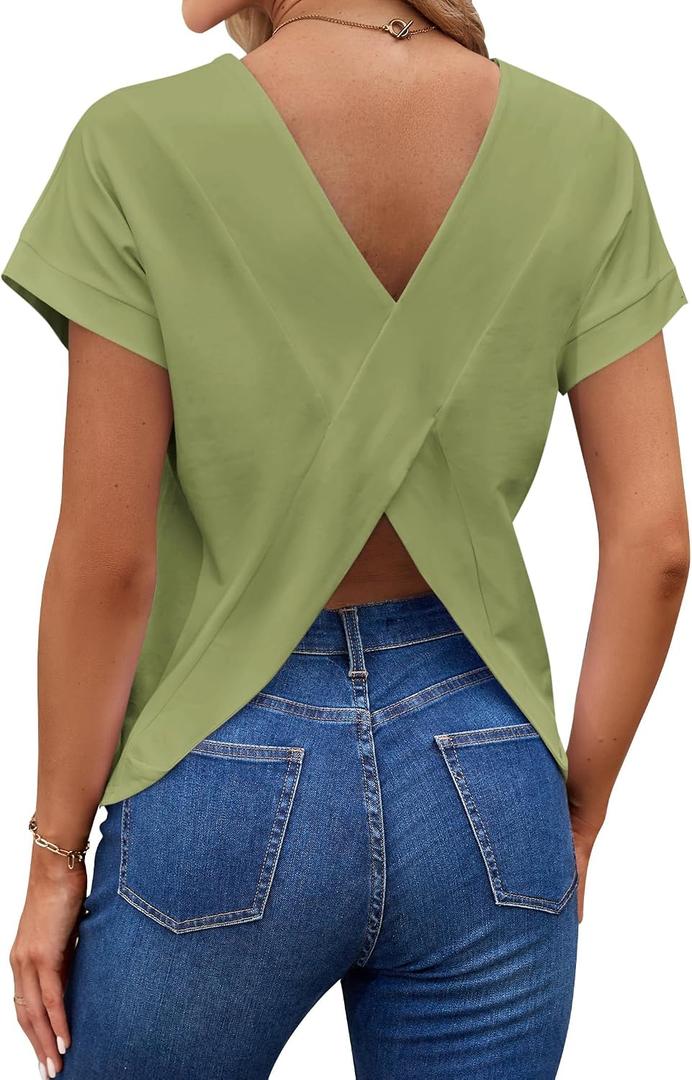 LilyCoco Women's Short Batwing Sleeve Shirt Criss Cross Back Tops Casual Loose Plain Tee Green Large