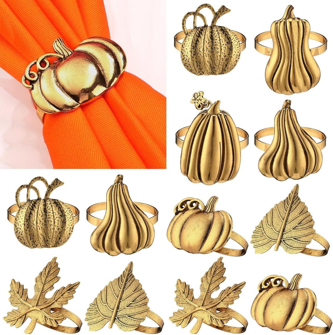 WILLBOND 12 Pcs Thanksgiving Napkin Rings Set Thanksgiving Pumpkin Leaf Themed Holders Fall Napkin Ring Alloy Design Holder Buckle for Christmas Home Party Table Decor Wedding Supplies (Bronze)