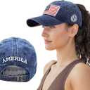 Utaly Distressed American-Flag-Baseball-Hats for Women Men - Retro Low Ponytail Baseball Cap Blue