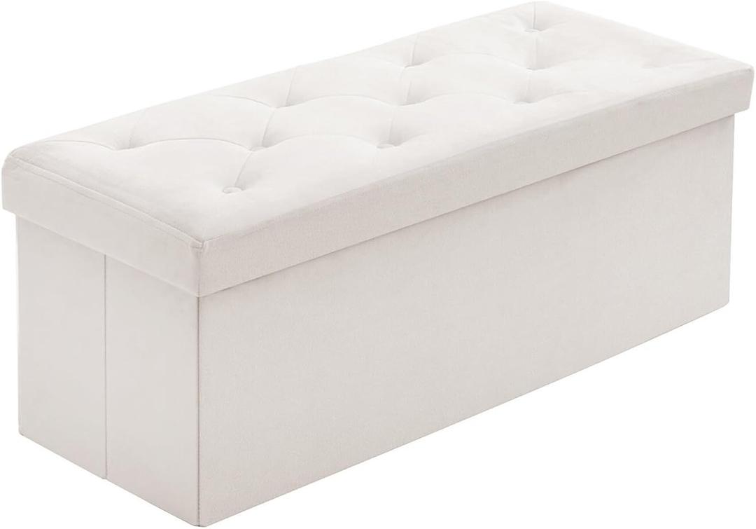 BRIAN & DANY 43 Inches Folding Storage Ottoman Bench, Velvet Ottoman with Storage for Living Room, Long Shoes Bench, Flannelette Footrest Benches Seat (White)