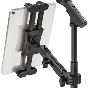 iPad Mic Stand Mount, 360 Rotation Tablet Holder for Microphone Music Stand with 5.9 Inch Metal Arm, Super C Clamp for 0.6-1.5 Diameter Rods, Compatible with All 4.7-13.5" Tablet & Smartphones