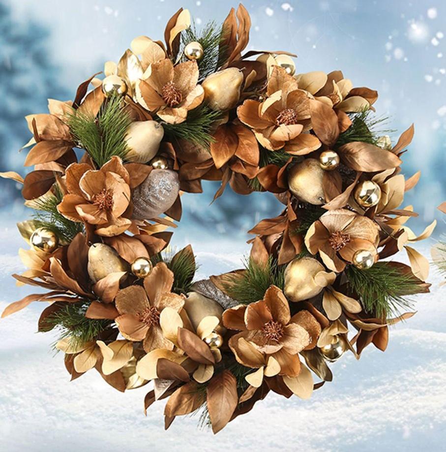 BINFEN 24" Winter Wreaths for Front Door, Gold-Brown Leaves Balls Pears Magnolia Flowers Christmas Wreath, Door Reef for Windows Fireplaces Walls, Front Porch Indoor and Outdoor Decor