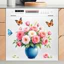 Flower Dishwasher Magnet Cover Pink Flower Vase Fridge Magnets Butterflies Refrigerator Sticker Spring Floral Sticker Decorations for Spring Floral Fridge Dishwasher Kitchen Refrigerator Cover