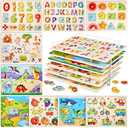 9 Pack Wooden Peg Puzzles for Toddlers with Puzzle Storage Rack Set Alphabet Wooden Toddler Puzzles Jigsaw Numbers Kids for Over 4 Years Educational Learning Knob Puzzle