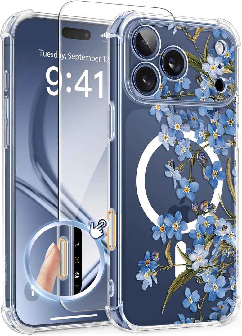 GVIEWIN for iPhone 17 Pro Max Case Compatible with MagSafe, with Screen Protector Upgraded [Full Camera Protection] [Non Yellowing] Floral Slim Shockproof Clear Women Phone Cover (Aconite/Blue)