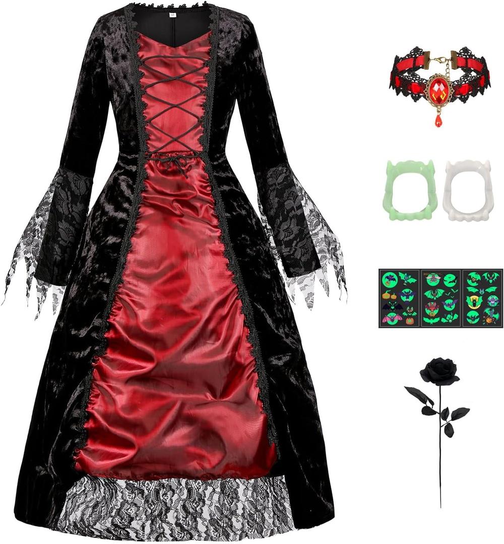 Kids Royal Vampire Costume Girls 3-14 Years Halloween Costumes Dress with Teeth Necklace Accessories (120 (5-6 Years))