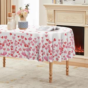 Horaldaily Valentine Tablecloth 60x84 Inch Oval, Pink Love Hearts Washable Table Cover for Party Picnic Dinner Decor