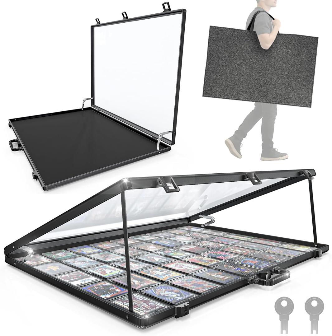 Ultra-thin 31.4 x 23.6in Portable Aluminum Card Display Case with Felt Tote Bag, High-transparency Acrylic, 3 Anti Theft Locks, Sports Trading Card Show Case for Collectible Cards Jewelry Jersey-Black
