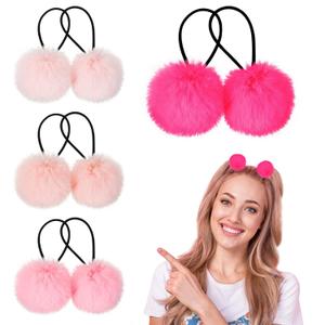 8 Pcs Fluffy Elastic Ball Hair Accessories - Pom Pom Scrunchies in 4 Colors (Pink Series) for Girls, Toddlers and Christmas