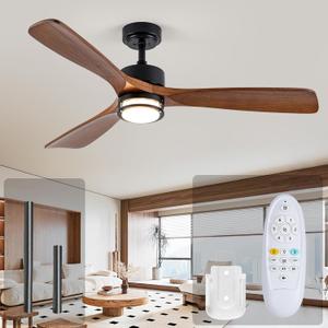 52 Outdoor Ceiling Fan with Light, 3 Walnut Solid Wood Blade, Remote Control, 3CCT Dimmable LED, Timer, 6-Speed Reversible Motor All-Weather Use for Living Room or Patio