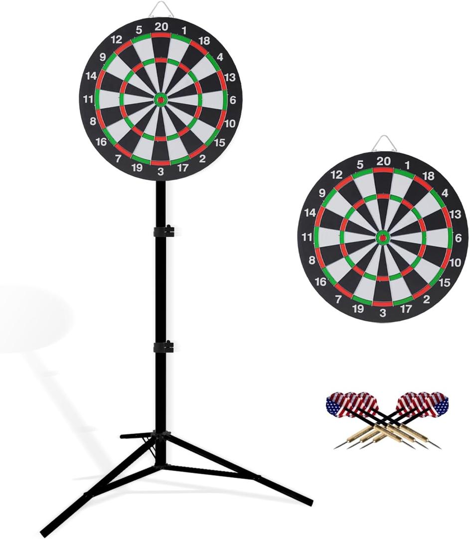 Dartboard with Stand, 34"-74" Adjustable Height Dartboard Stand for Adults, 18" Dart Board, Sturdy Tripod, Portable Design with 6 Darts for Travel, Home, Bars, or Outdoor Games