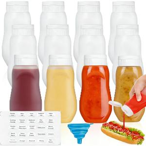 Goaste 12 Pack Condiment Squeeze Bottles, 12 oz Plastic Squirt Bottles with Flip Top Cap, Reusable Empty Sauce Containers with Labels & Silicone Funnels for Ketchup, Mustard, Syrup, Salad Dressings