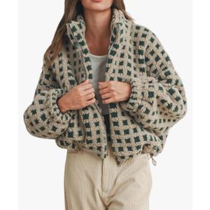 No Brand Women’s Long Sleeve Cropped Sherpa Fleece Plaid Jacket Casual Chunky Teddy Fleece Outerwear M