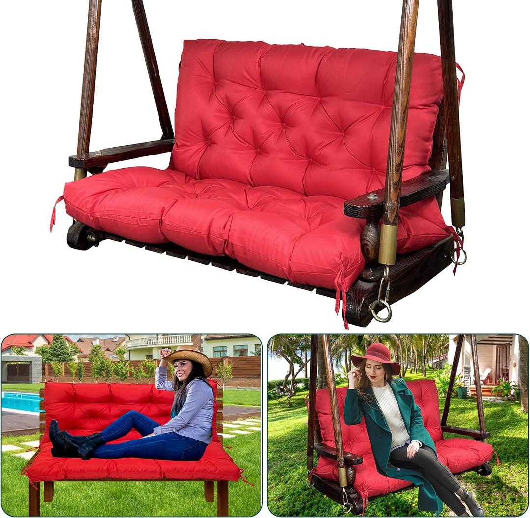 Swing Replacement Cushions for Outdoor: 2-3 Seater Bench Cushion with Ties | Thick Waterproof Patio Swing Cushion with Backrest for Garden Porch Backyard Furniture, 60x40in, Red