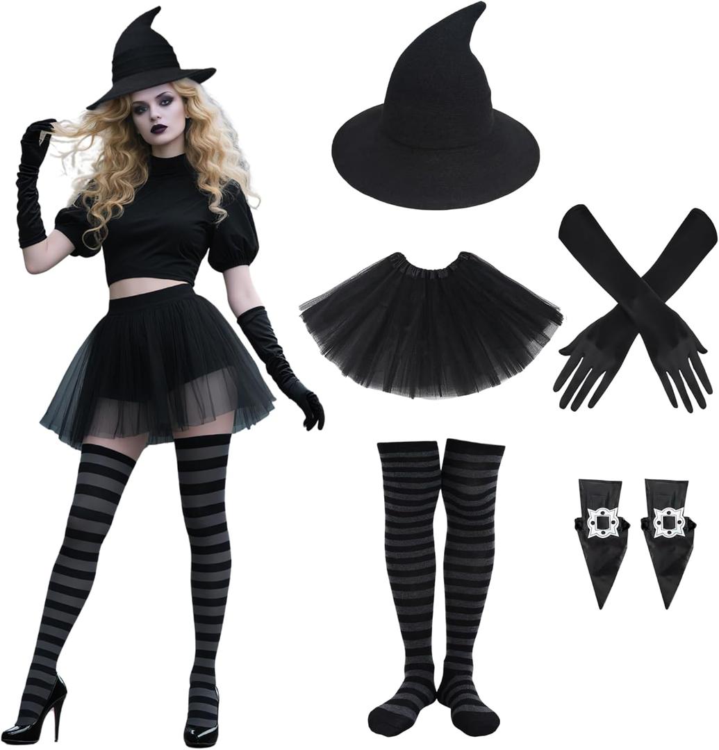 Witch Hat Costume for Women - 5 PCS Halloween Witches Hats with Tulle Skirt Shoe Covers Striped Thigh Socks Gloves, Gothic Witch Set for Halloween Renaissance Party Costume Accessories