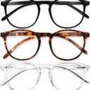 IBOANN Chic & Comfy Blue Light Glasses for Women - 3-Pack Round Frames, Screen-Ready Style with UV Protection Coating (A3 Light Black & Acorn Tortoise & Transparent)