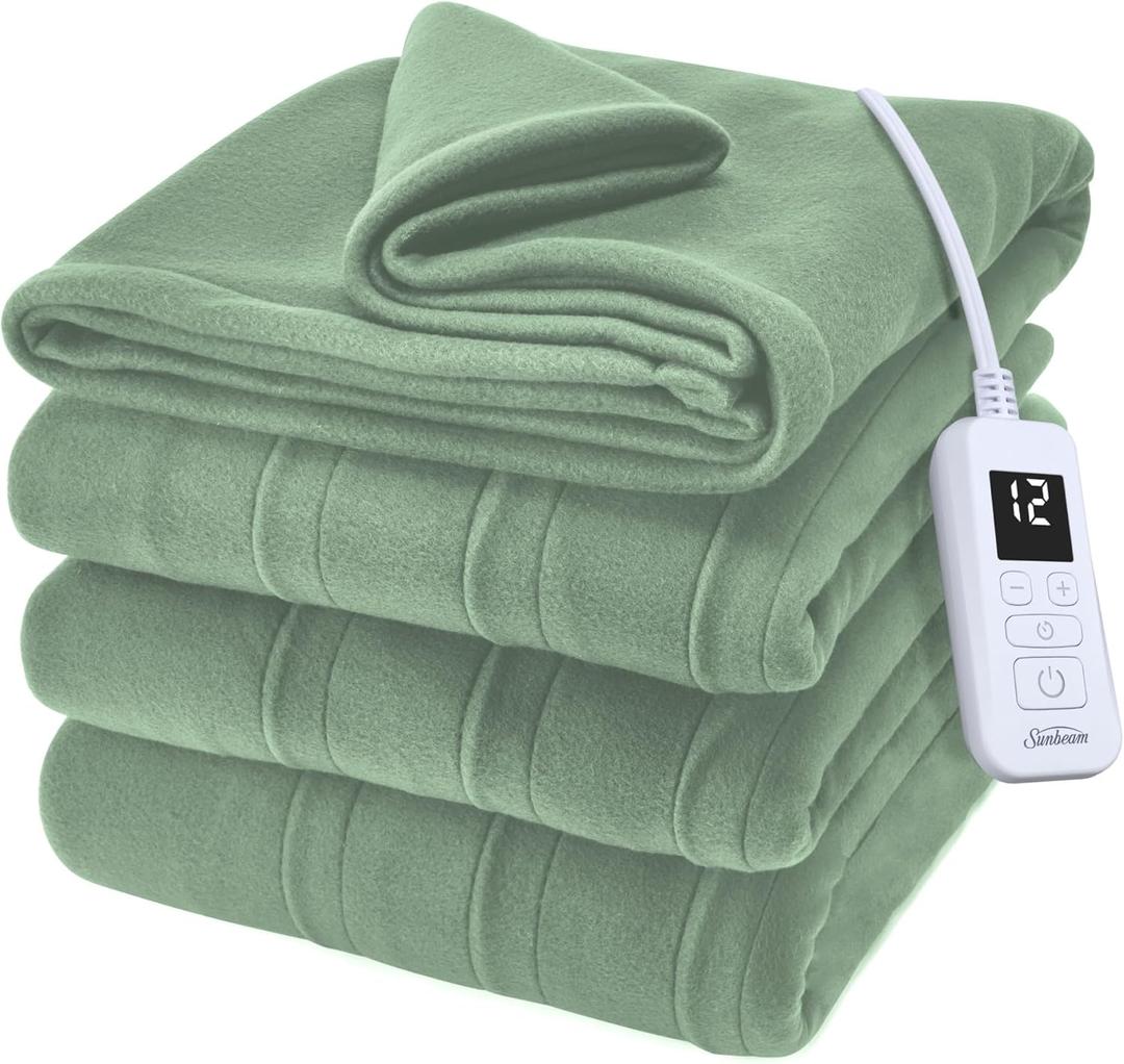 Sunbeam Royal Ultra Fleece Heated Electric Blanket Twin Size, 84" x 62", 12 Heat Settings, 12-Hour Selectable Auto Shut-Off, Fast Heating, Machine Washable, Warm and Cozy, Matcha