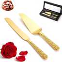 Dicunoy 2 PCS Gold Cake Knife and Server Set, Wedding Cake Cutting Utensils, Vintage Engraved Cake Cutter and Serving Spatula for Birthday,Anniversary, Vibrant Gold