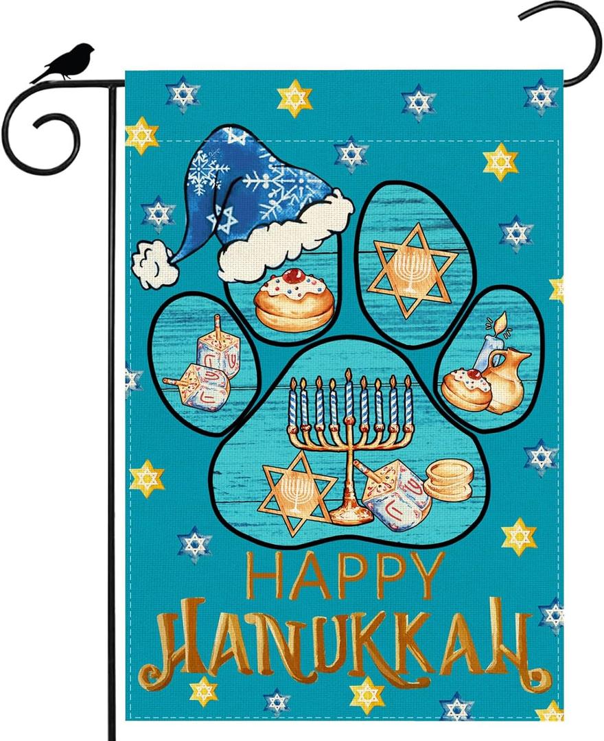 2 x Happy Hanukkah Garden Flag Dog paw Hat Dreidel Menorah Yard Flag 12x18 Inch Double Sided Small Chanukah Mini Yard Outdoor Outside Holiday Party Decoration