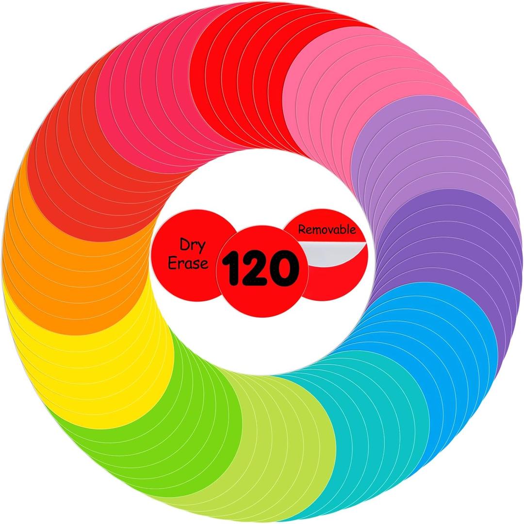 120 Pieces Colorful Large Dry Erase Dots Circles 11 Inch Removable Vinyl Table Stickers Wall Decals Spots with 16 Pieces Whiteboard Markers for Classroom Teacher Students Home Desk Wall