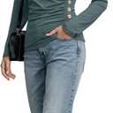 Women's Long Sleeve Deep V Neck Tops Wrap Ruched Slim Fit Shirts Button Side Blouse Sexy Fall Outfits 2025 (Green, S)