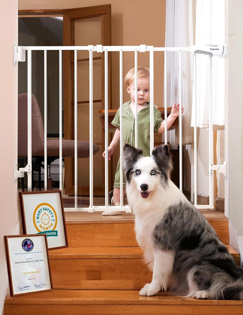 Babelio Baby Gate for Stairs, Kitchen & Doorways, 26-43" W 28" H No Bottom Bar| Easy Installation| One-Handed Operation| Auto-Close| Hardware Mount (Drill Needed) Safety Dog/Pet Gate Indoor (White)