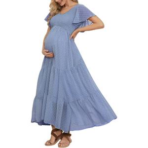 Swiss Dot Smocked Maternity Dress for Baby Shower Photoshoot Casual V Neck Ruffle Sleeve Empire Waist Tiered Boho Dress (Medium)