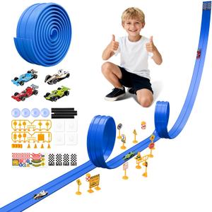 16.5Ft Flexible Race Car Track with 4 Cars, Suction Cups, Hooks & Roadblocks, Compatible with 1:64 Scale Toy Cars, Portable DIY Racetrack Gift for Kids Ages 3+ Blue