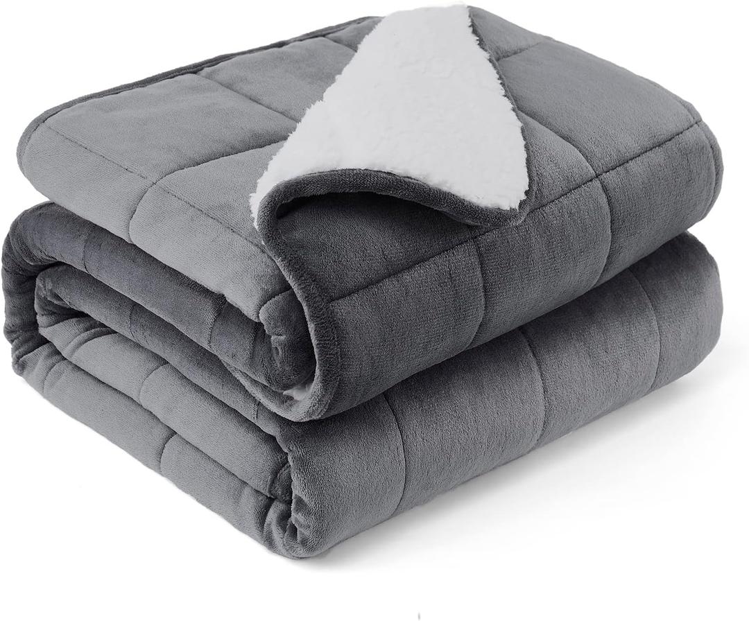 HOSUKKO Sherpa Flannel Weighted Blanket - 12 lbs Dual Sided Comfort Thick Heavy Blankets for Adults Soft Fluffy Flannel Cozy Warm Sherpa for Comfortable Relaxing Sleep, 48x72 inches Grey