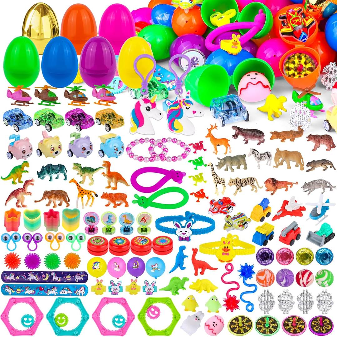 [ 6 Surprise Gold Eggs ] 100 Pack Prefilled Easter Eggs with Assorted Toys Inside, Truly Pre Filled Plastic Easter Egg Filles Fidget Toys Easter Hunt, Basket Stuffers Party Favors for Kids Boys Girls