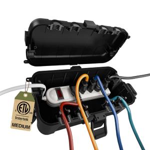 Flemoon Medium Outdoor Electrical Box (11.5x5.2x4 inch), IP54 Waterproof Extension Cord Cover w/6 Cable Entry Ports, Weatherproof Connection Box for Power Strip, Timer, Plug, Holiday Lights, Black