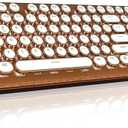 Typewriter Keyboard with Faux Leather Panel, Wireless 2.4G/Bluetooth/Wired USB-C, Aesthetic Mechanical Gaming Keyboard 104-Key Clicky Blue Switch, White LED Backlit, Retro Round Keycap, Brown