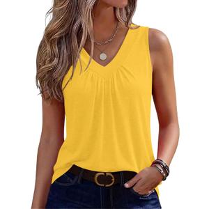 Zeagoo Womens Tank Tops Summer Sleeveless Loose Fit Tops V Neck Pleated Shirts Basic Tees Dressy Casual Trendy Clothes (Yellow, L)
