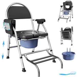 Folding Bedside Commode Chair for Elderly with Adjustable Height, Toilet Seat with Footrest and Soft PU Seat Cushion, Adults Potty Chair with Storage Cloth Bag for Seniors, Disabled (Black)