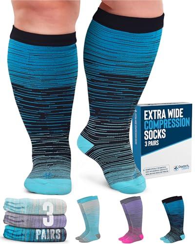 Doctor's Select 3 Pairs Plus Size Compression Socks Wide Calf - Up to 6XL | 20-30 mmHg Compression Socks for Women Wide Calf Blue, Light Blue, Purple & Pink (Stripes)