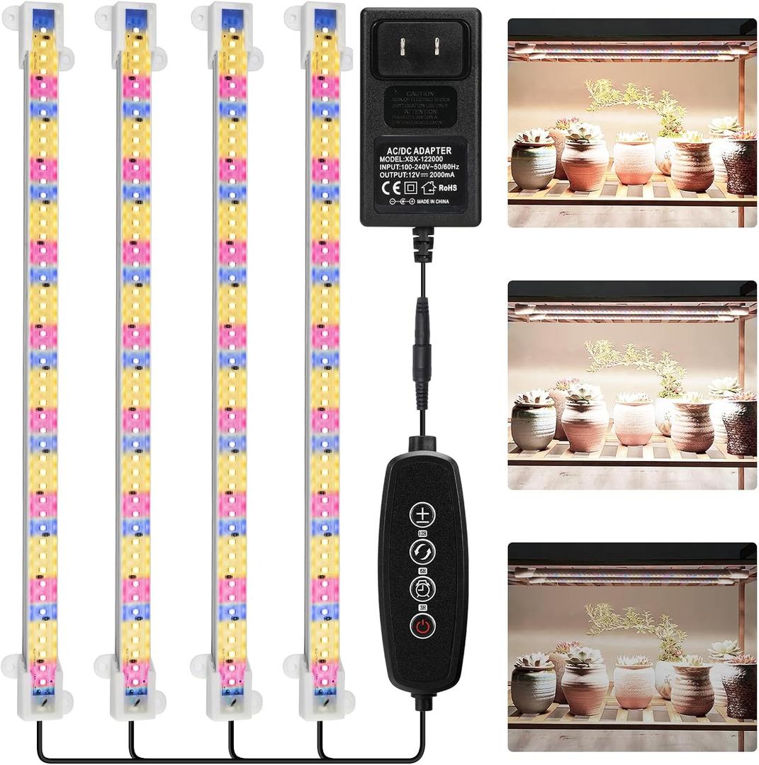 Mosthink Grow Lights Full Spectrum, LED Grow Lights Strips for Indoor Plants, Plant Lights with Auto On Off Timer 3 6 12H,5500K Dimmable Plant Growing Lamp with 204 White Red Blue LEDs, 4 Packs in 1