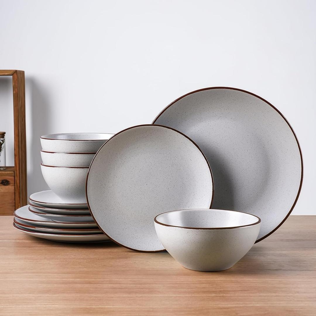 Famiware Venus Plates and Bowls Sets, 12 Pieces Stoneware Speckled Dishes Dinnerware Set for 4, Matte Light Gray - Microwave & Dishwasher Safe, Modern Minimalist, for Everyday Meals & Formal Dining